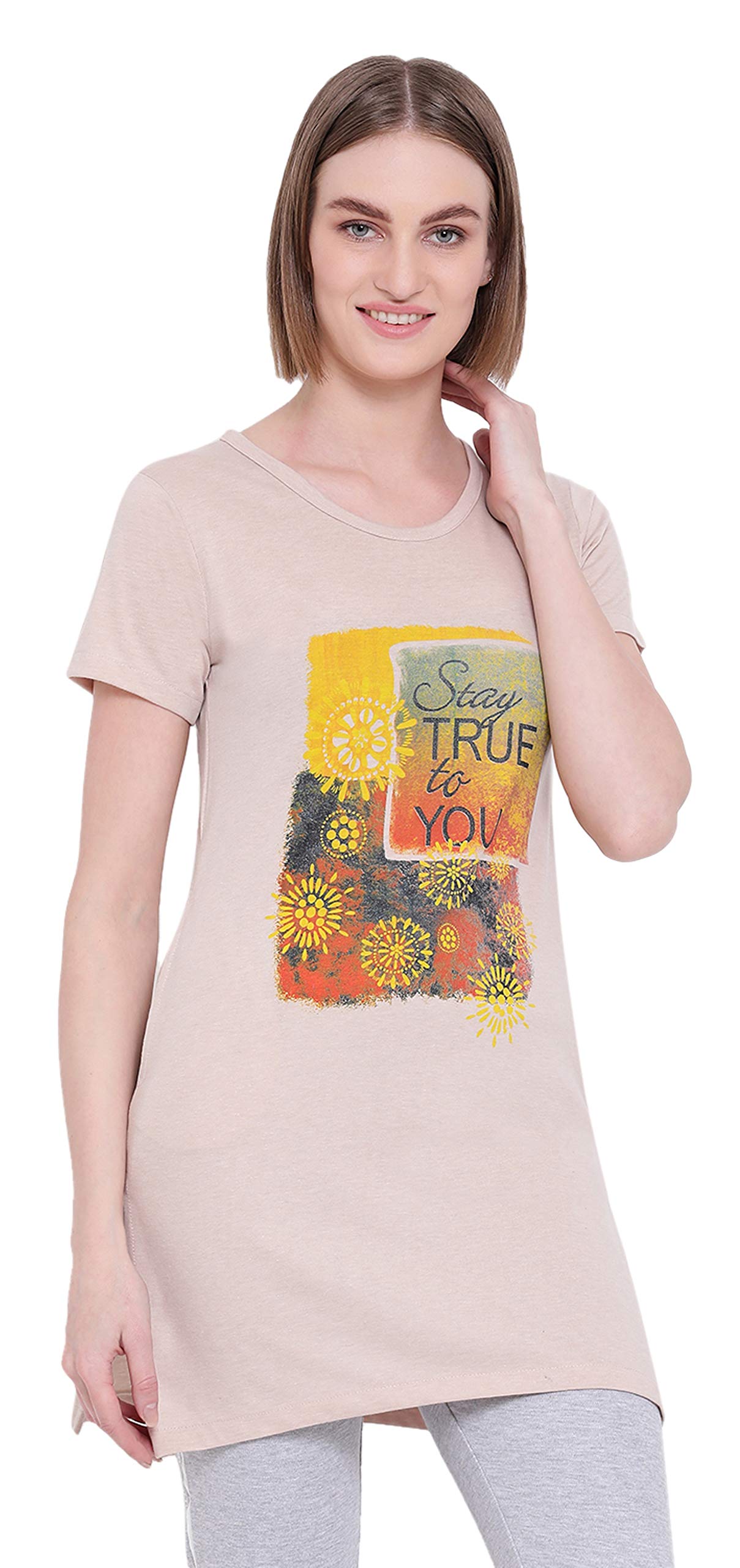 In Love Ladies Long Knee Length Chest Printed Side Slits Tshirts