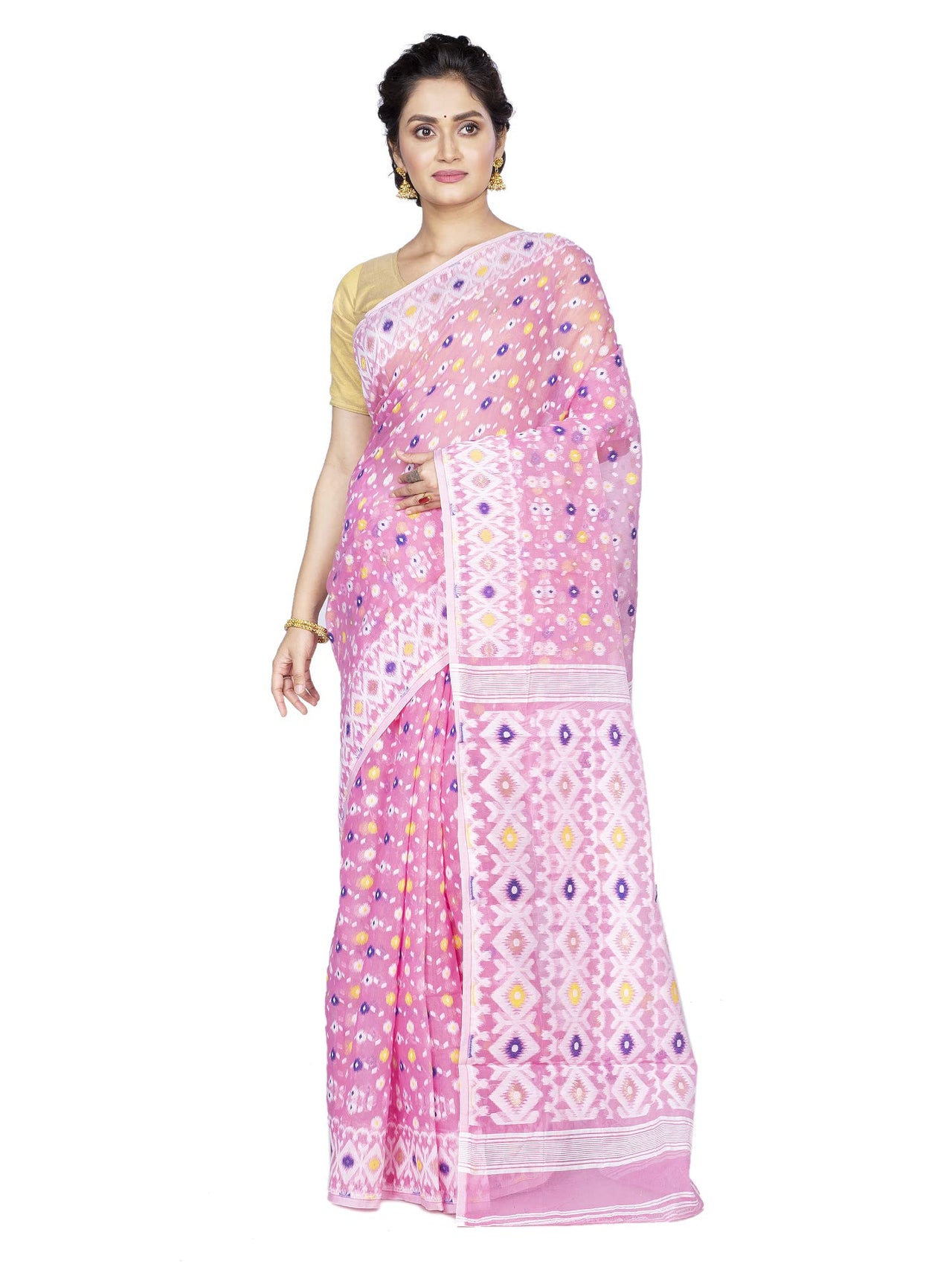 T.J. SAREES Women's  Jamdani Silk Blend Saree Without Blouse Piece