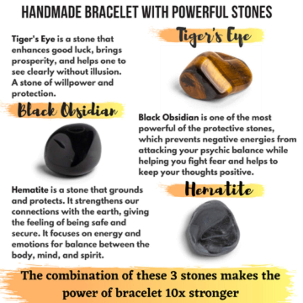 Crystal Vibe Triple Protection Bracelet - 10mm Bead Bracelet for women men With Natural Stones of Tiger Eye Hematite and Black Obsidian - Healing Crystal Bracelet for Good Luck Prosperity Happiness