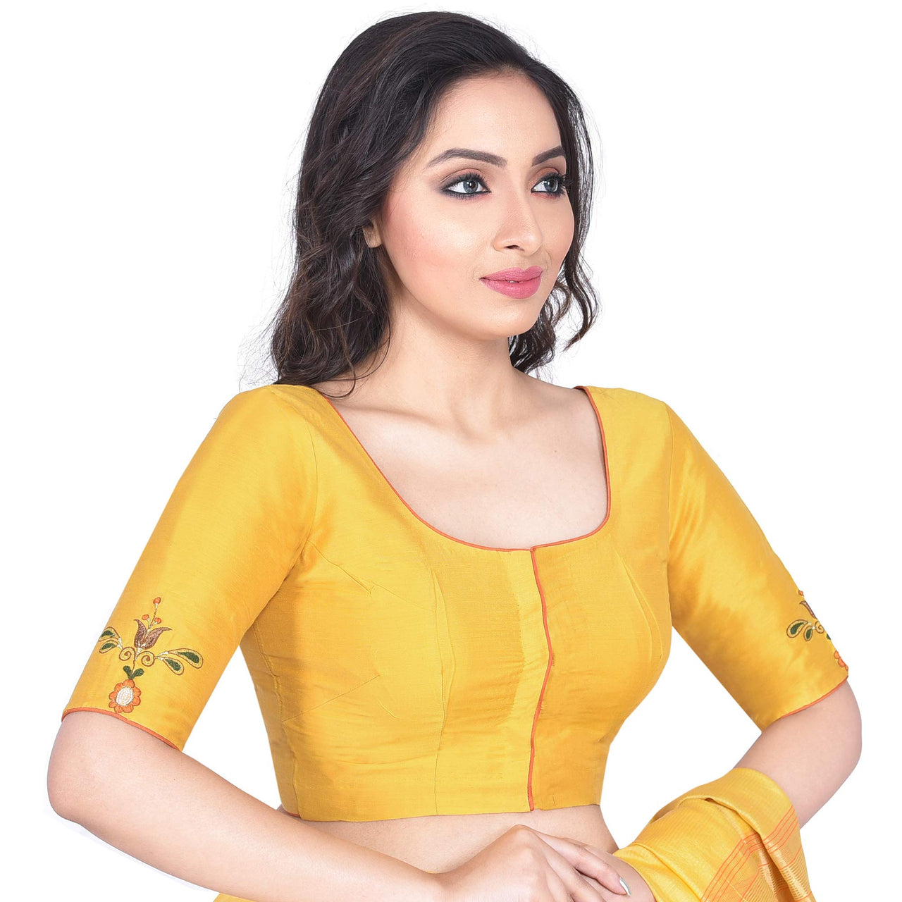 RENE Women's  Cotton Silk Embroidered Half Sleeve Blouse