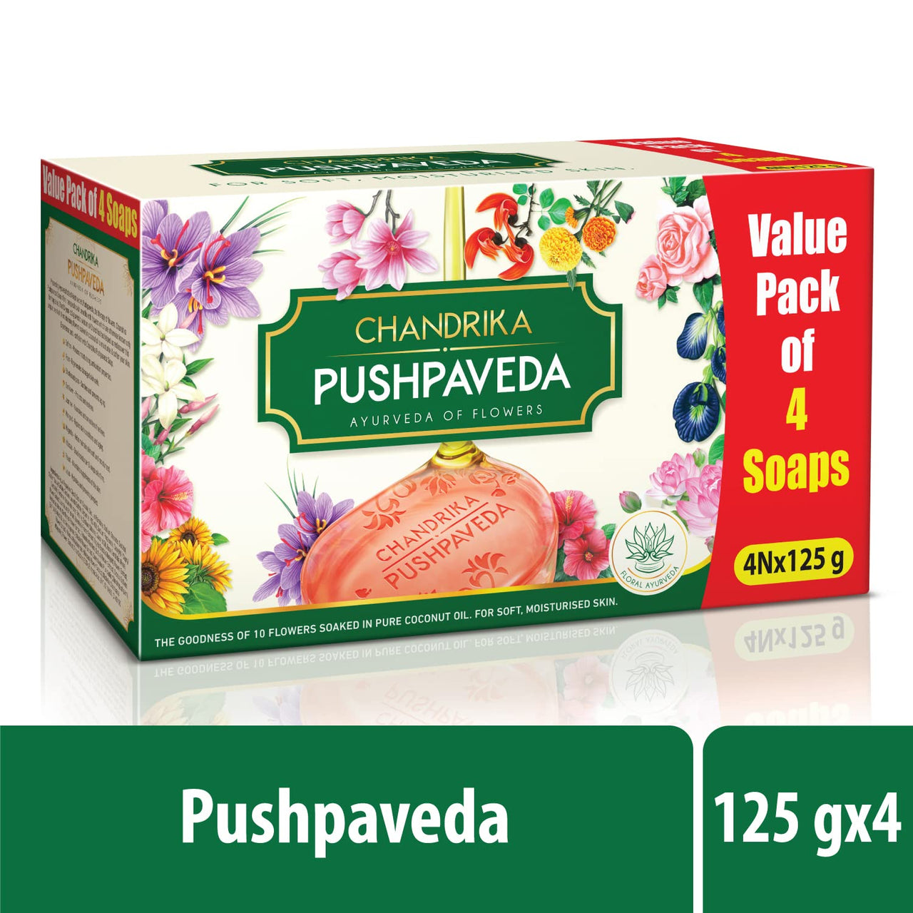 Chandrika Pushpaveda Ayurvedic Soap| Ayurveda of Flowers for Soft, Moisturized Skin| 125g (Pack of 4)