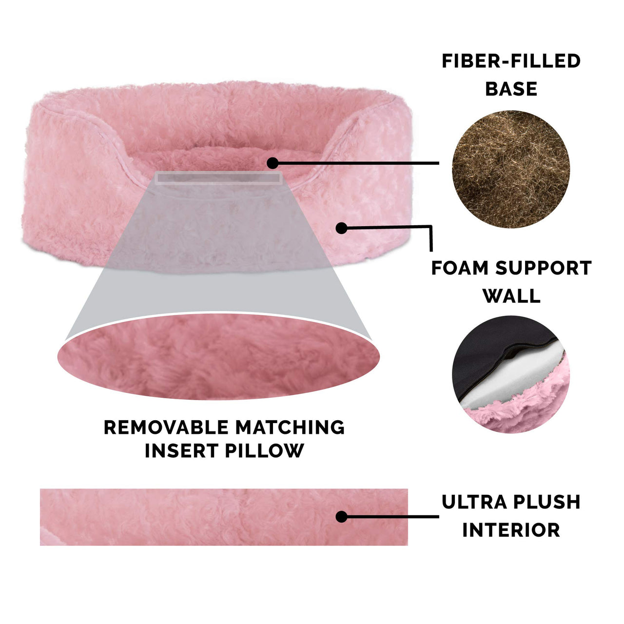 Furhaven Dog Bed for Small Dogs w/ Removable Washable Cover & Pillow Cushion Insert, For Dogs Up to 12 lbs - Ultra Plush Faux Fur Oval Lounger - Pink, Small Oval (Fiber-Filled Base) 19.0"L x 15.0"W x 5.5"Th Plush Pink