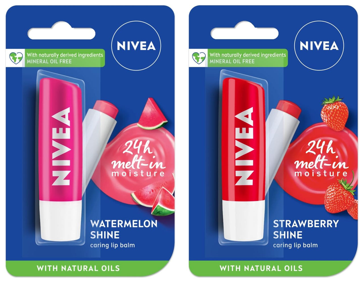 NIVEA Lip Balm, Fruity Strawberry Shine & NIVEA Lip Balm, Fruity Watermelon Shine,4.8 g (Pack of 2)