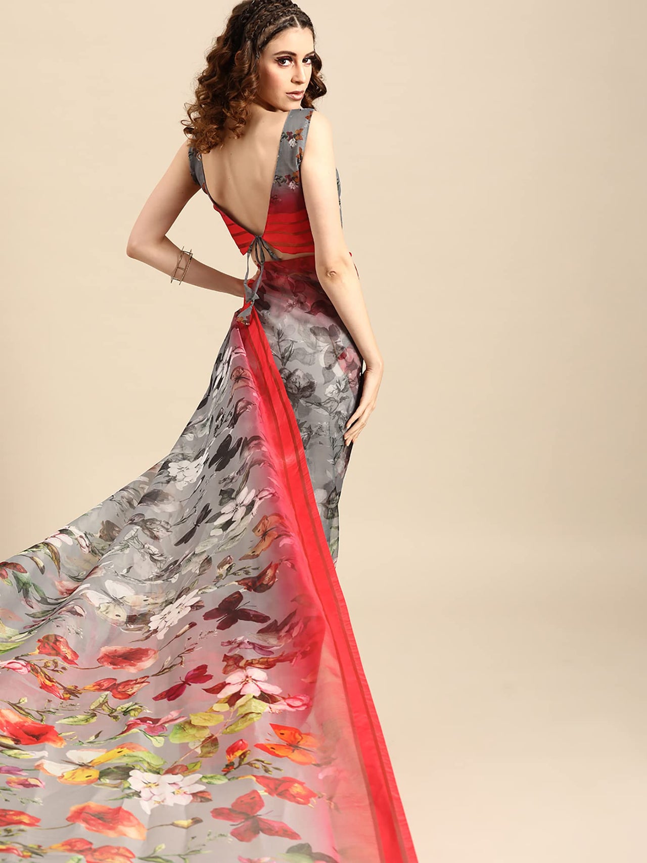 AKHILAM Women's  Knit Floral Printed Organza Saree with Unstitched Blouse Piece (FF0SAGE10_Parent)