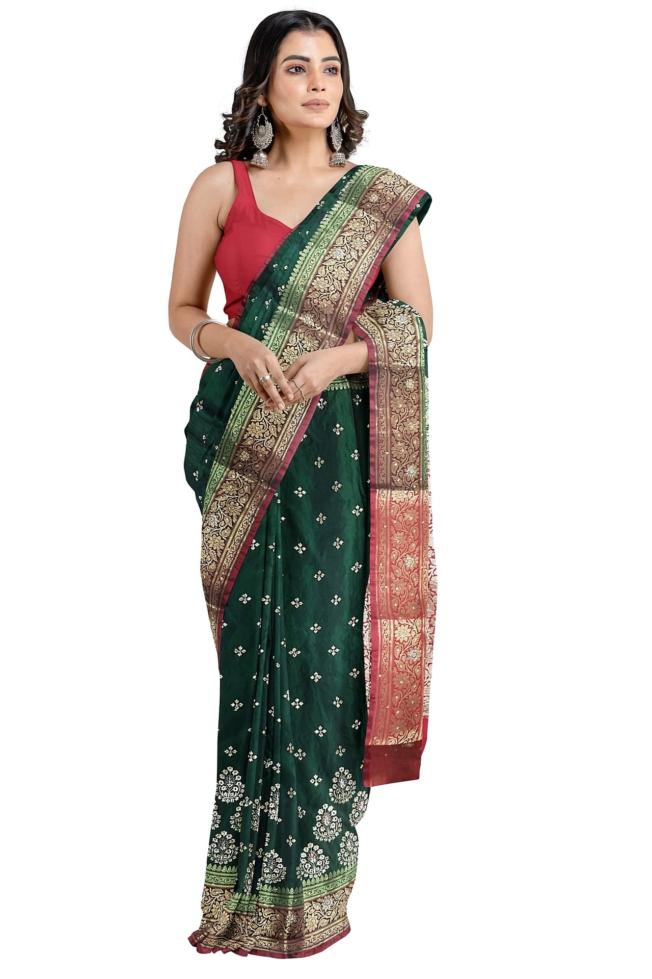 Shravanya Women's  Banarasi Silk Saree with Designer Embroidery and Stone Work with Jacquard Pallu, Border and Plain Unstitched Blouse Piece