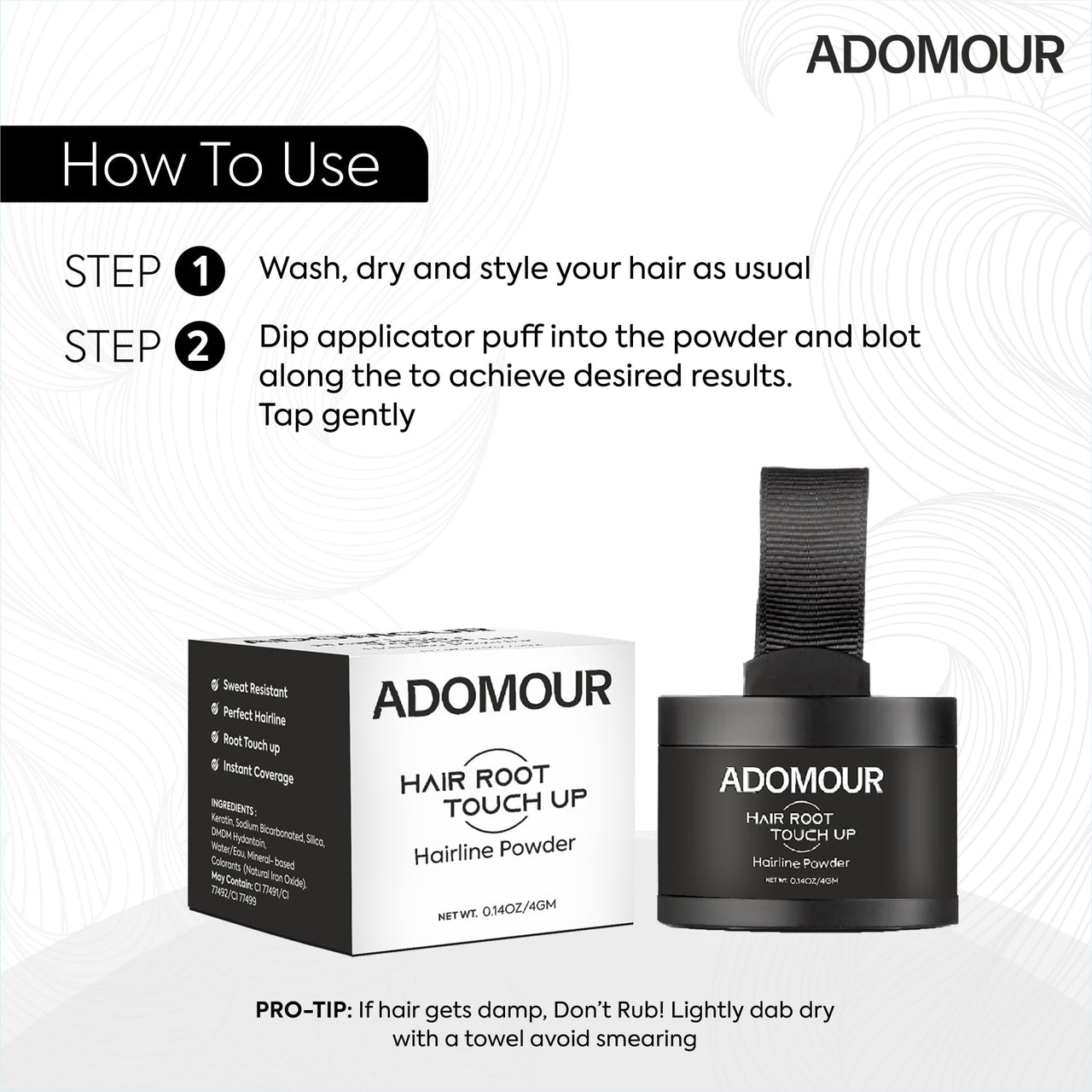 ADOMOUR Root Touchup Powder Black 4g | Covers Hairline, Grey Roots & Bald Spots Instantly | Sweat & Stain Resistant 24HR Formula | Long Lasting & Natural Finish | Cover Up Hair Powder for Men & Women
