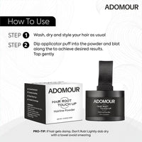 ADOMOUR Root Touchup Powder Black 4g | Covers Hairline, Grey Roots & Bald Spots Instantly | Sweat & Stain Resistant 24HR Formula | Long Lasting & Natural Finish | Cover Up Hair Powder for Men & Women