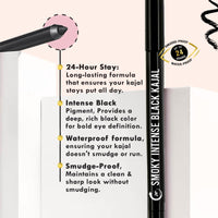 Glamveda Smoky Intense Black Kajal - 0.35g | 24-Hour Long Stay | One-Stroke Smooth Application | Waterproof, Smudgeproof & Sweatproof | Rich Intense Black Pigment | Suitable for Sensitive Eye