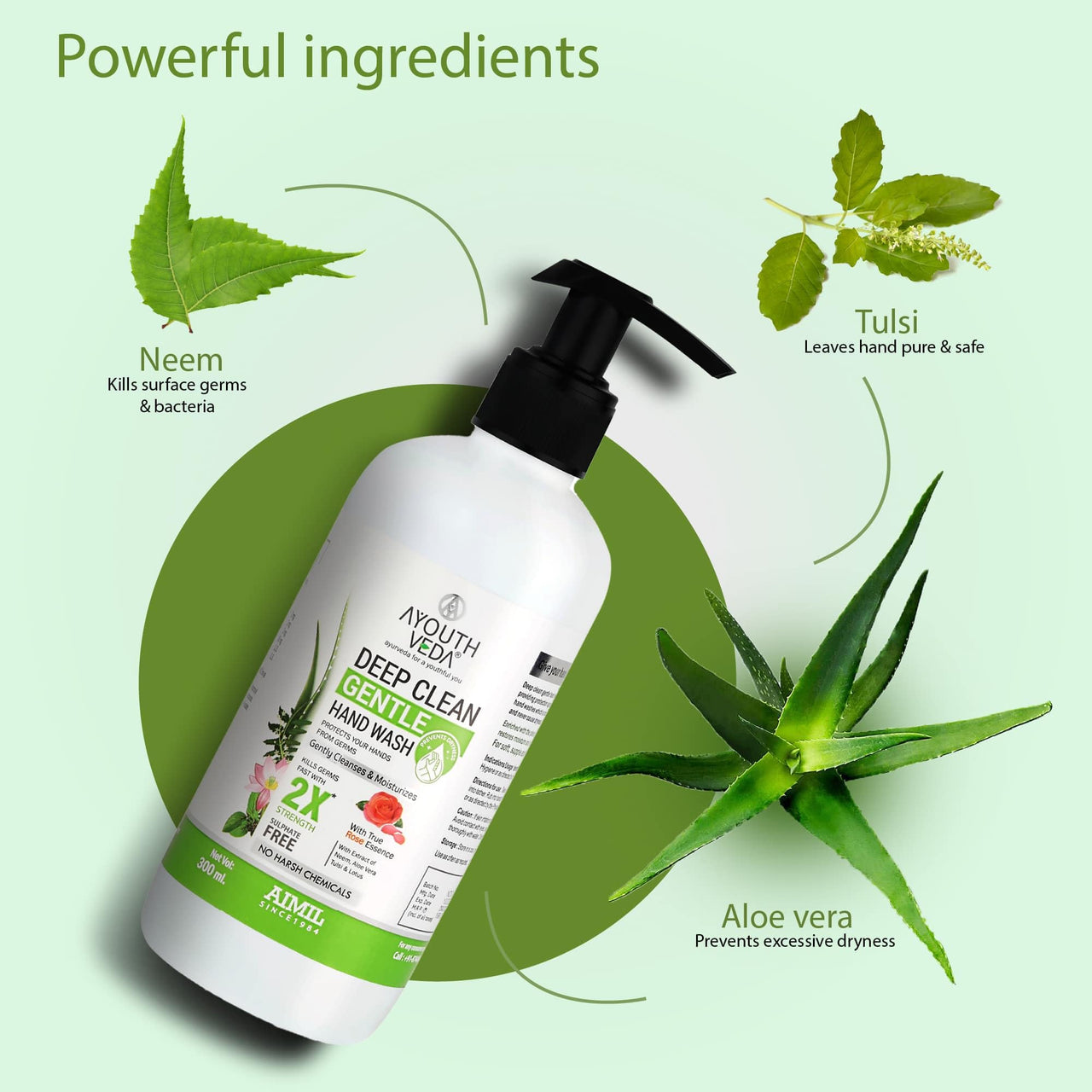 Ayouthveda Deep Clean Gentle Hand Wash | With Neem, Aloe Vera, Tulsi & Lotus | Gently Cleanses & Moiusturizes Hands | Germ Protection Formula Without Any Harsh Chemicals (Pack Of 1; 300ml)