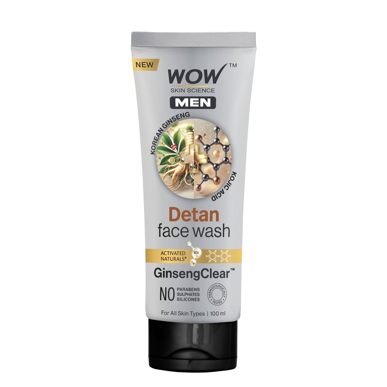 WOW Skin Science MEN KOREAN GINSENG + KOJIC ACID Detan Face Wash Gel | Reduces Tan & Dark Spots | GinsengClear™ Technology | Gentle Exfoliation | No Sulphates, Parabens or Silicones | 100ml