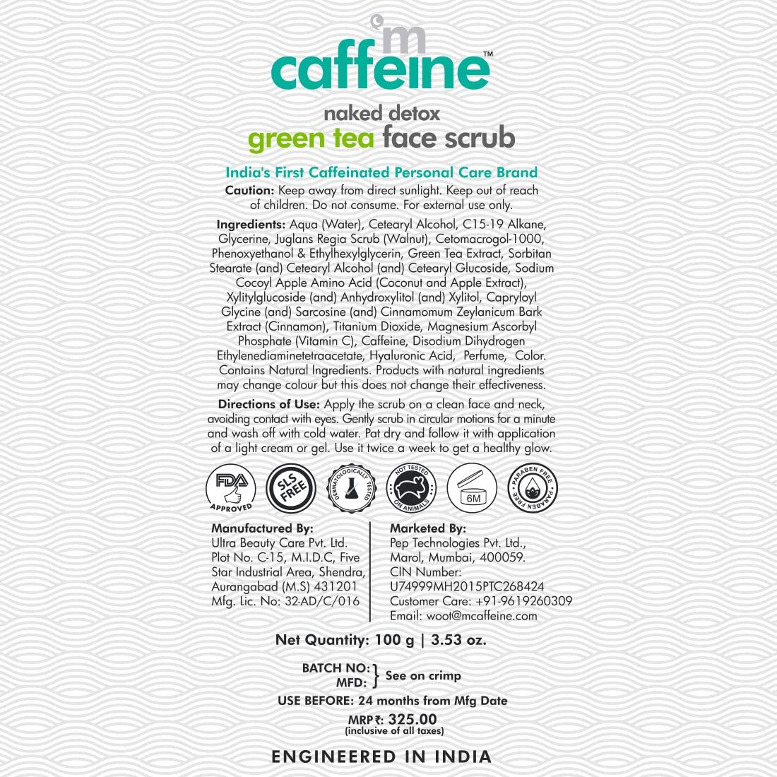 mCaffeine Green Tea Face Scrub with Vitamin C & Walnut for Women & Men | Removes Dirt, Blackheads & Gently Exfoliates Skin | For Oily, Normal, Dry, Combination & Sensitive Skin (100gm)