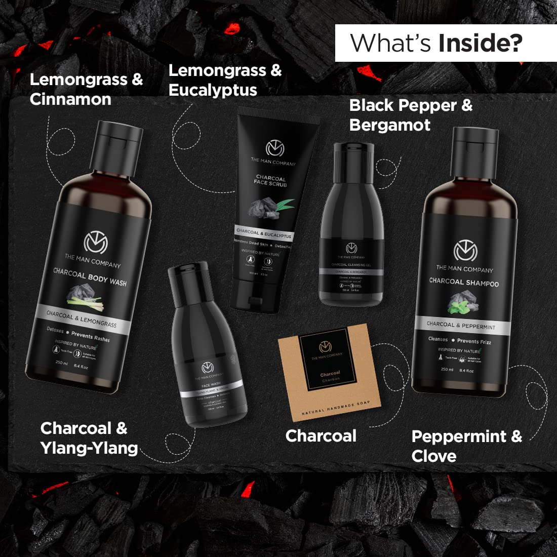 The Man Company Charcoal Grooming Kit for Men with Body Wash, Hair Shampoo, Face Scrub, Face Wash, Cleansing Gel, Soap Bar | Gift Set for Brother, Husband, Boyfriend - Pack of 6