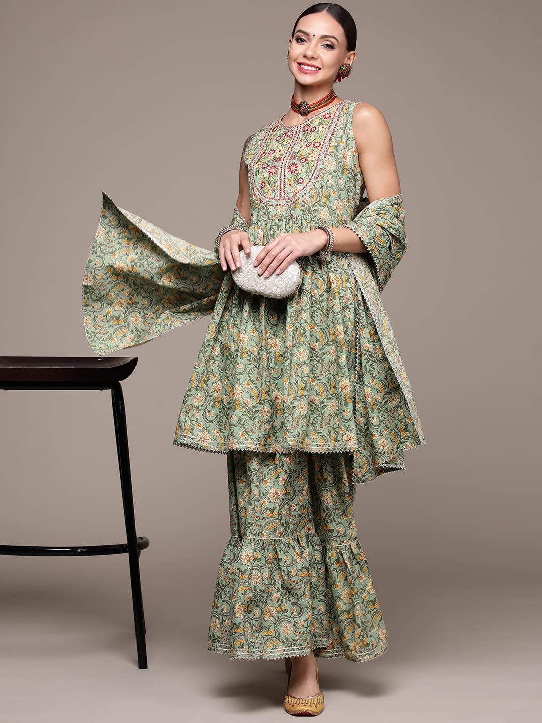 anubhutee Women's  Green Mirror Work Embroidered Printed Kurta Set with Sharara and Dupatta L