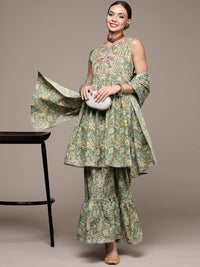 anubhutee Women's  Green Mirror Work Embroidered Printed Kurta Set with Sharara and Dupatta L