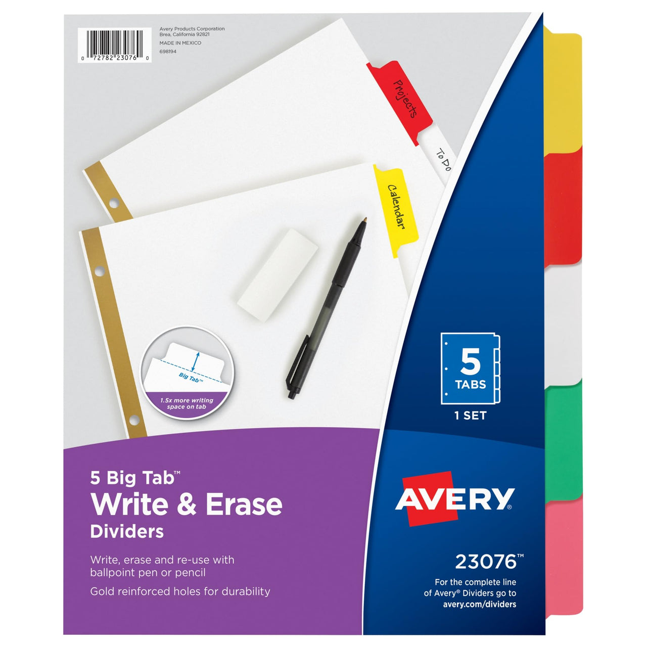 AVERY Big Tab Write & Erase Dividers, 5 Multicolor Tabs, 1 Set (23076), 1-Pack