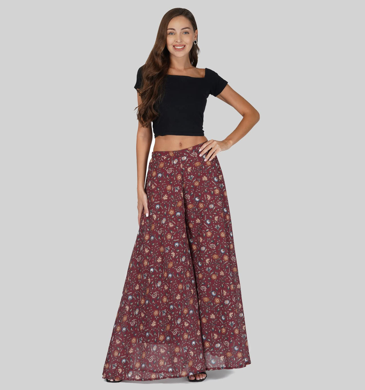 RATAN Women’s Georgette Flared Freesize Sharara Palazzo Pant with Lining M Maroon