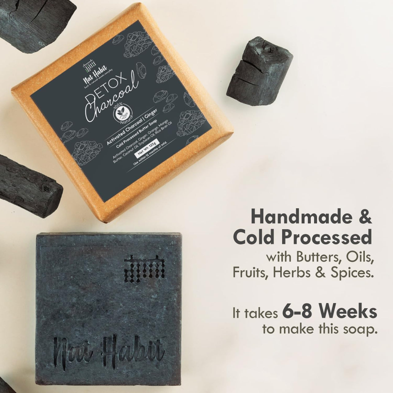 Nat Habit Detox Charcoal Butter Bath Soap With Ayurvedic Cold Processed For Detoxification, Blackheads & Tan Removal (Pack of 2 x 125gm)