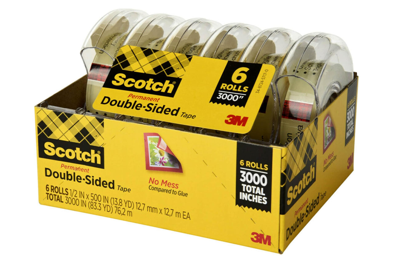 Scotch Double Sided Tape with Tape Dispenser, Office and School Supplies for Arts and Crafts, Alternative to Scrapbooking Tape, 0.75 in. x 500 in., 6 Tape Rolls with 6 Tape Dispensers