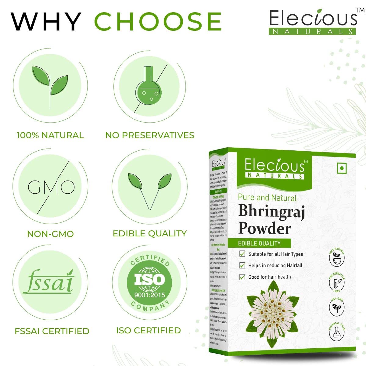 Elecious Pure Bhringraj Powder for hair growth (200 Grams) and Eating | Edible | Ideal for Hair pack, Hair oil and oral consumption | 100% Natural, Preservative free