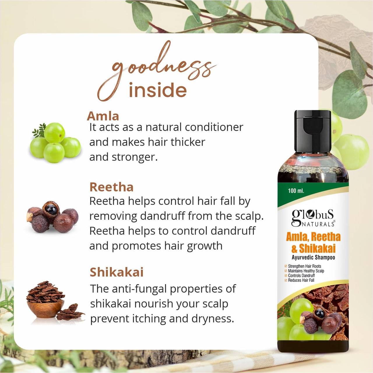 Globus Naturals Amla Reetha Shikakai Shampoo - Natural & Mild Cleanser for Healthy Hair and Scalp, Suitable for All Hair Types - 100 ml