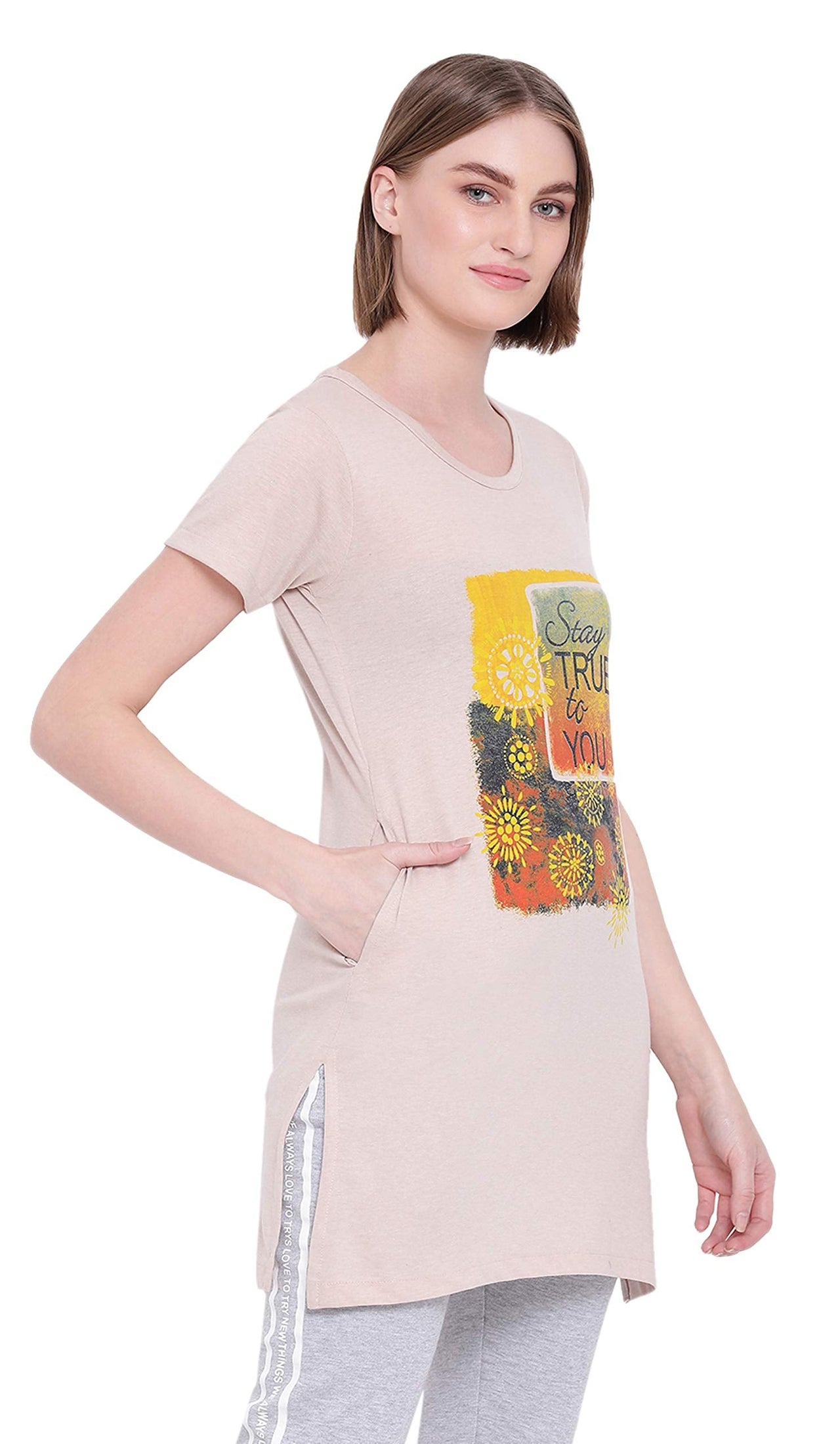 In Love Ladies Long Knee Length Chest Printed Side Slits Tshirts