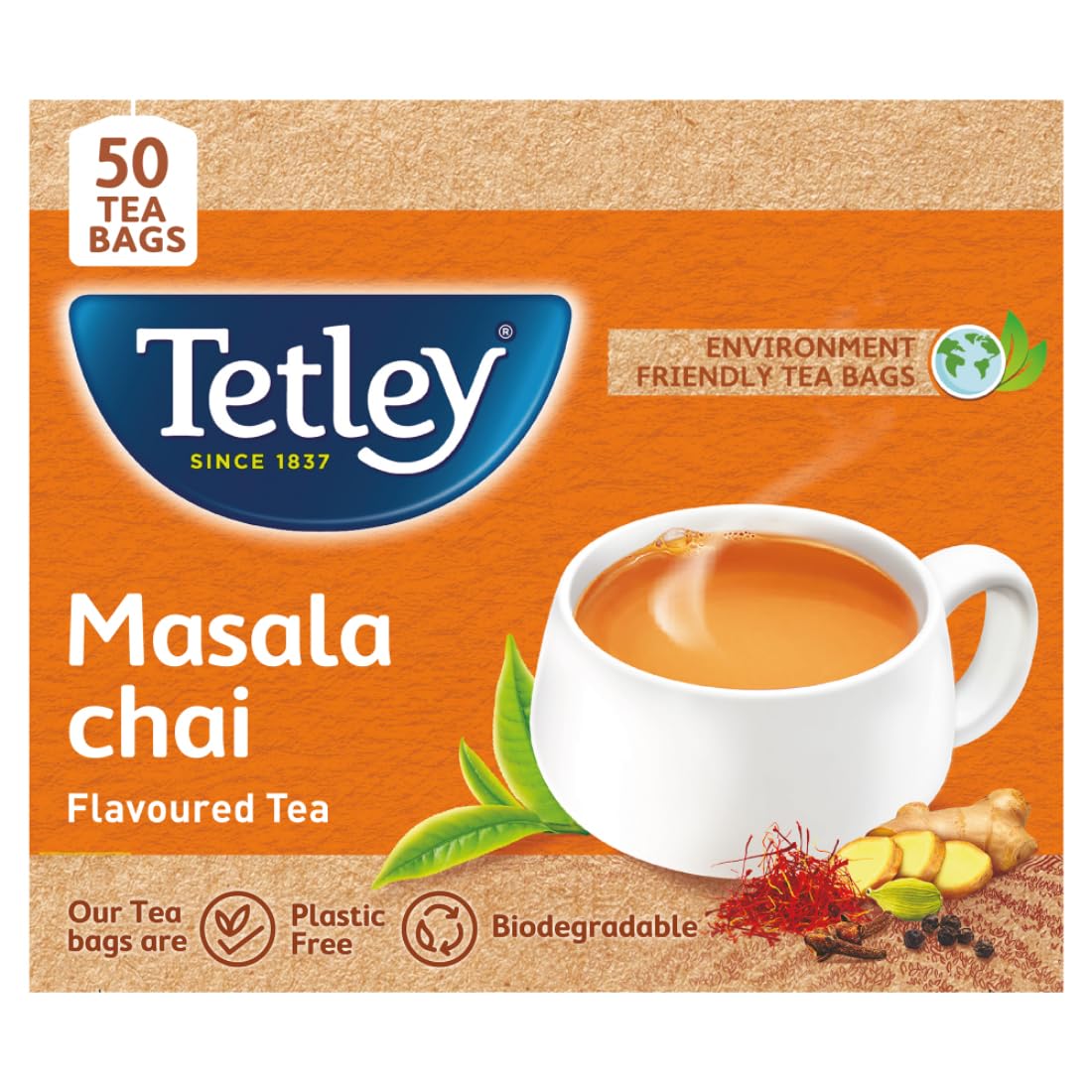 Tetley | Masala Chai With Natural Flavour | Black Tea | 50 Tea Bags, 100 Grams