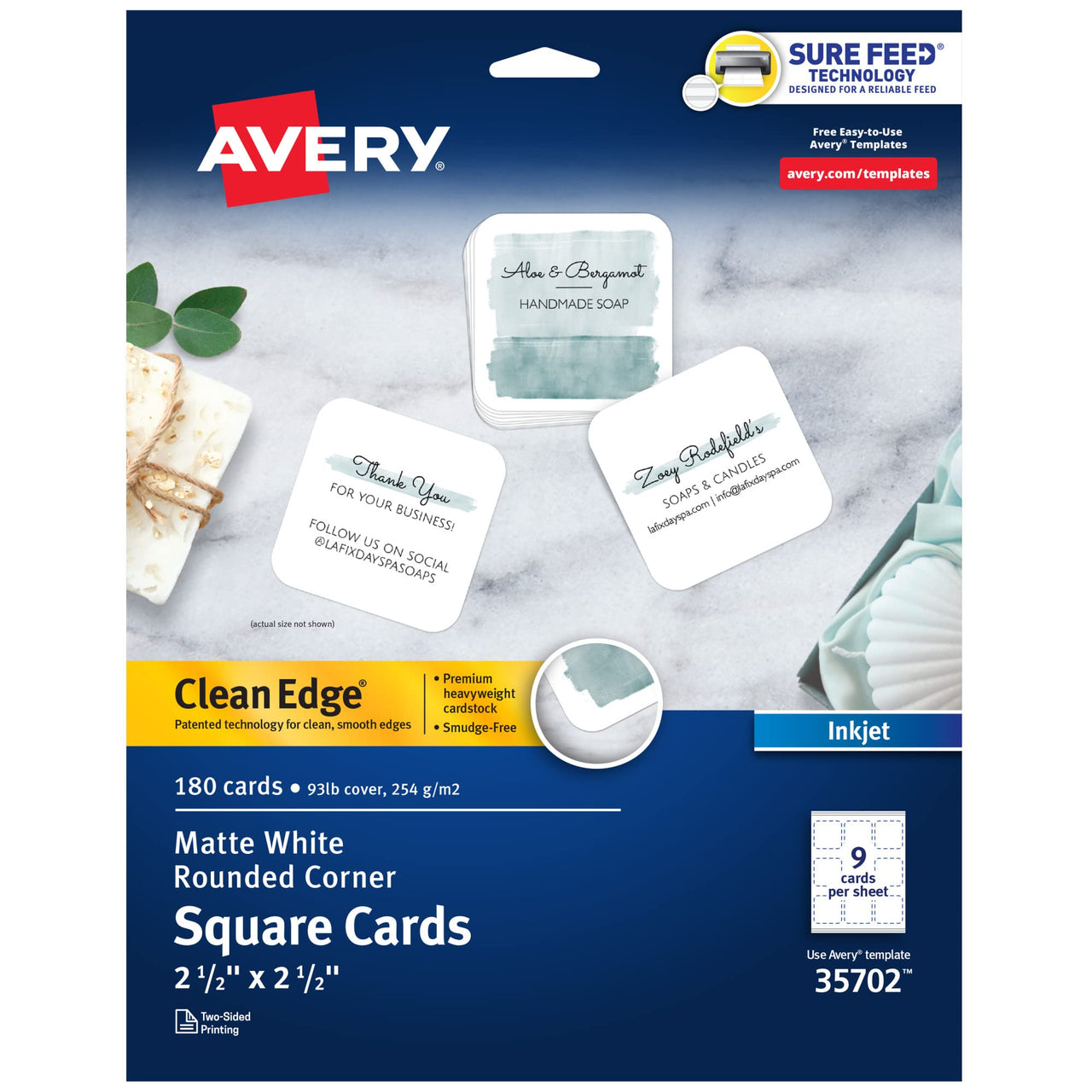 Avery Clean Edge Printable Square Cards with Sure Feed Technology, Rounded Corners, 2.5" x 2.5", White, 180 Blank Cards for Inkjet Printers (35702)