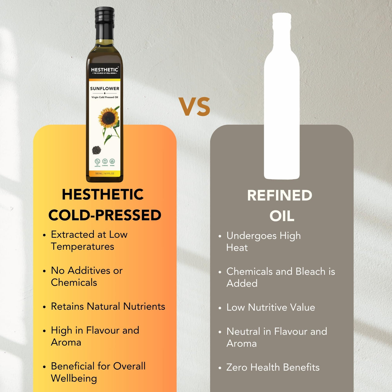 Hesthetic - Edible Cold Pressed Sunflower Oil | 500ml | Rich in Healthy Fats, Ideal for Cooking, Frying & Salad Dressings | 100% Pure & Natural | Food Grade Virgin Oil | Glass Bottle