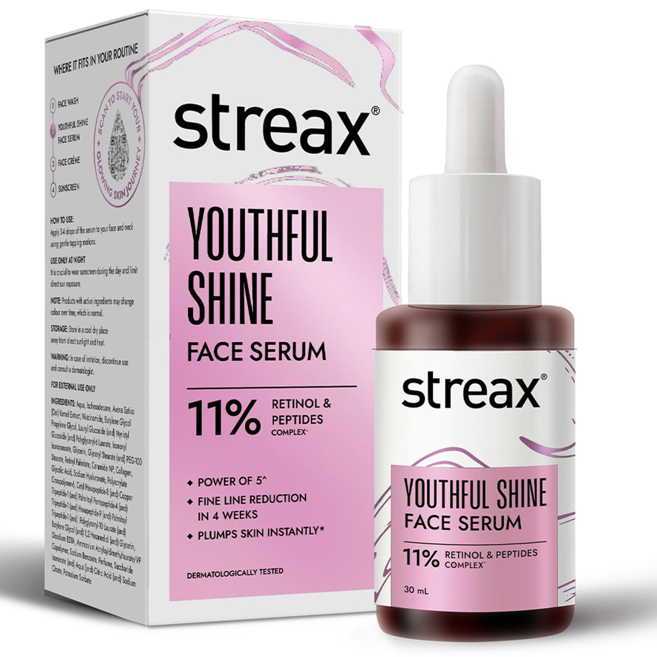 Streax Youthful Shine Face Serum, 30ml | 11% Retinol| Anti- Ageing|Serum for Pigmentation and Dark Spot|Niacinamide serum,Reduces Dark Spots, Blemishes, Patchy Skin & Wrinkles for a Youthful Glow