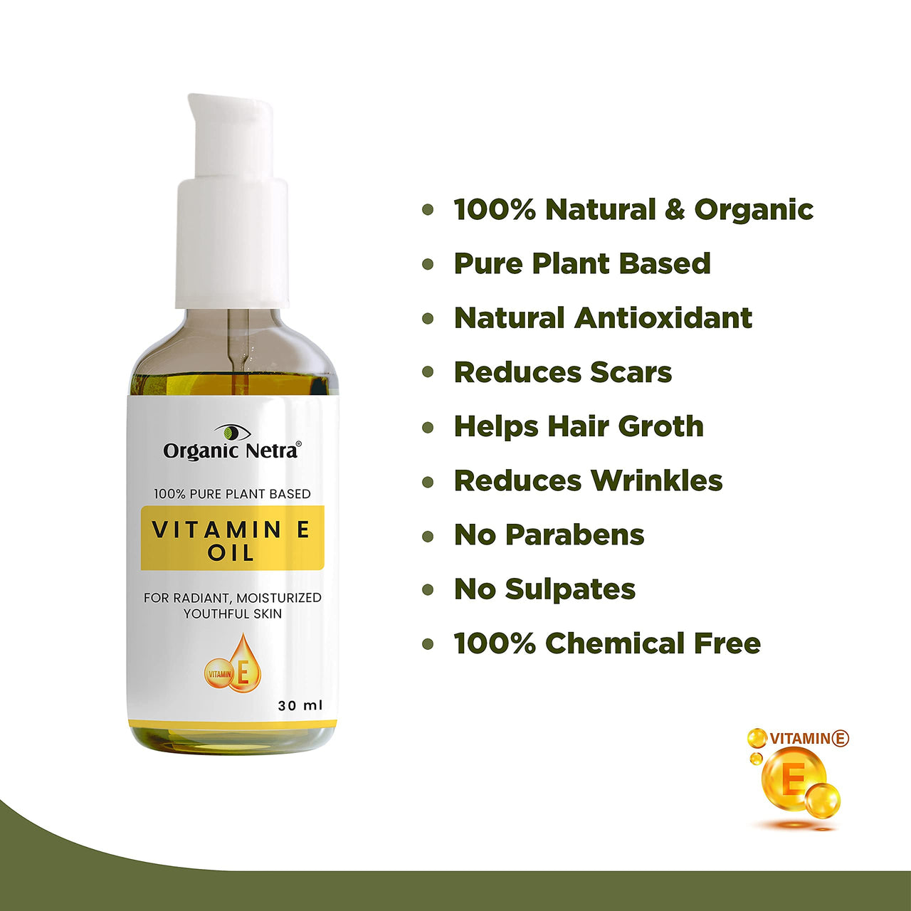 Organic Netra 100% Pure Plant Based Vitamin E Oil For Radiant, Moisturized Youthful Skin -30 ml. and Organic Netra Glycerine for Face 200ml (Pack of 1)
