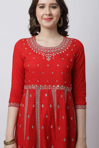 Women's  Rayon Slub Embroidered Kurta Set With Dupatta