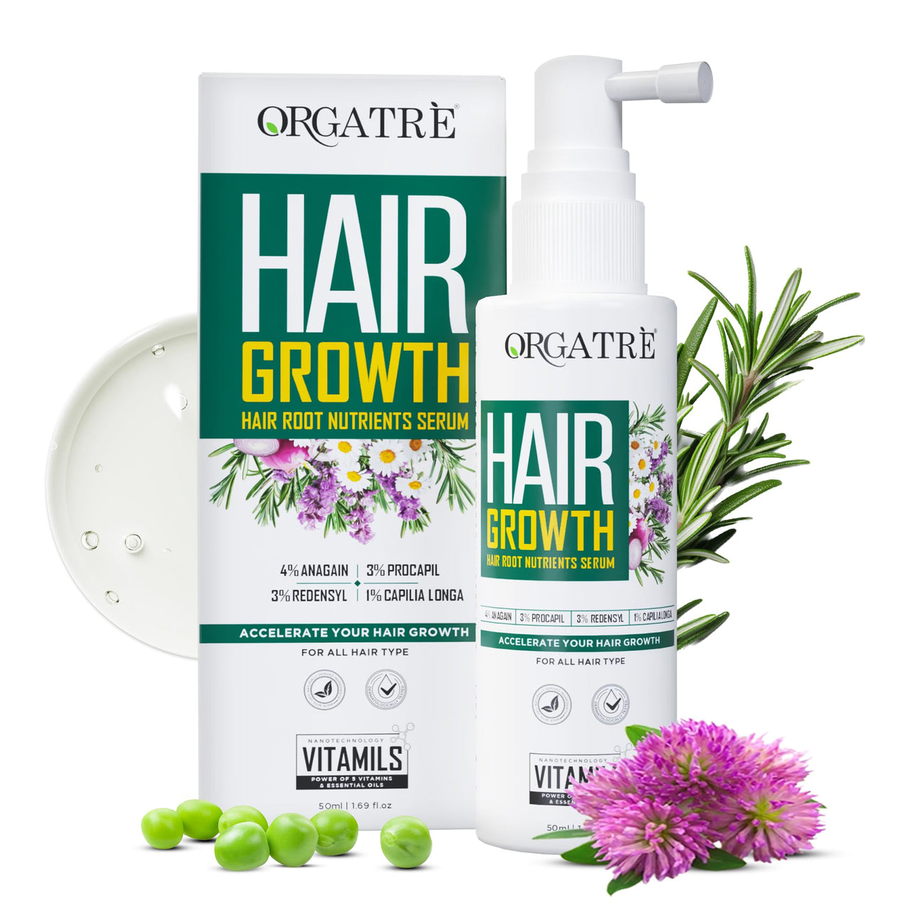 ORGATRE Hair Growth Serum for Scalp 50 ml - 3% Redensyl, 4% Anagain, 3% Procapil, 1% Capilia Longa, Castor & Rosemary Oil | For Hair Growth & Hair Fall Control Serum for Men & Women