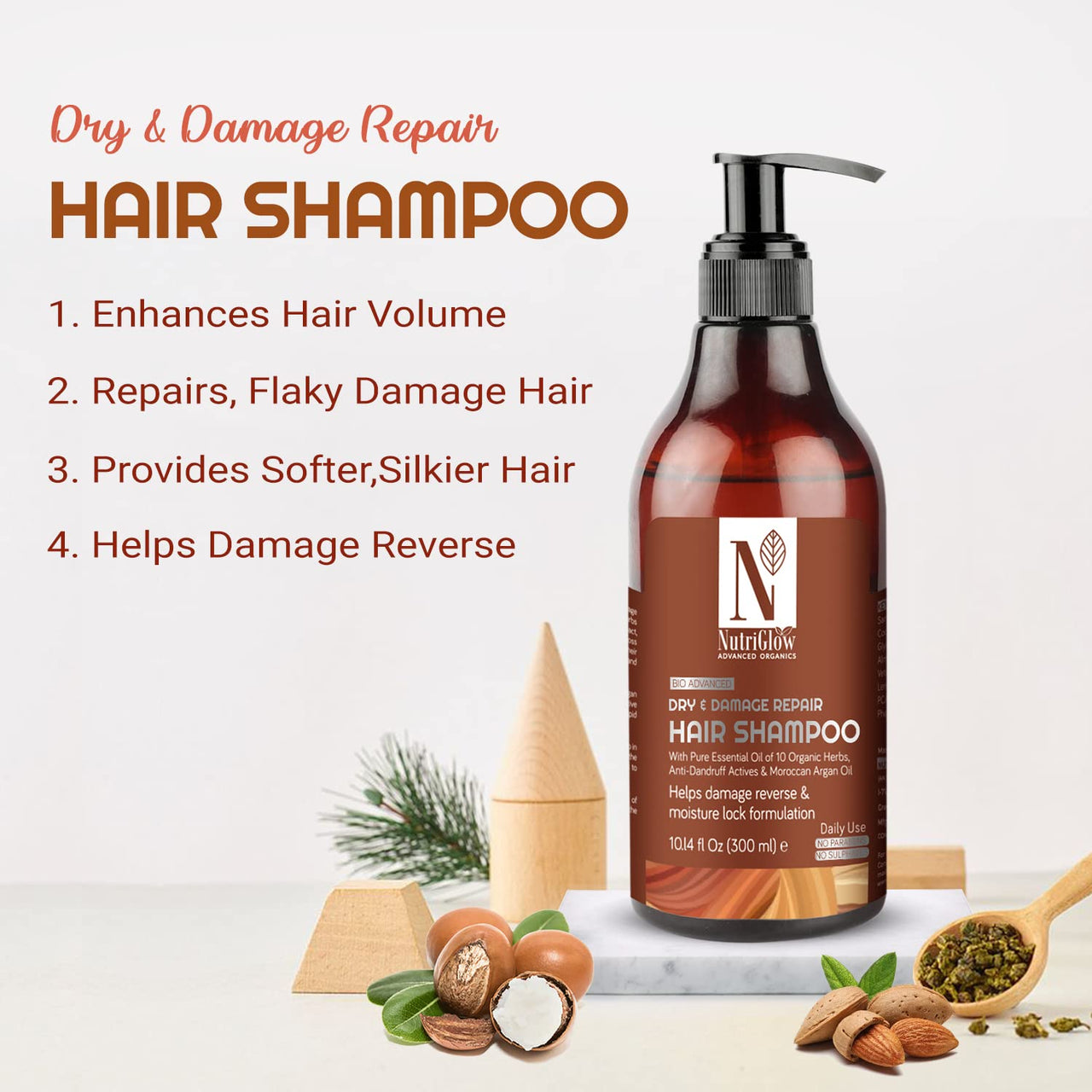 NutriGlow Advanced Organics Bio Dry and Damage Repair Shampoo With Almond Oil For Daily Use, Enhance Hair Volume,Repair Damage Hair, 300 ml