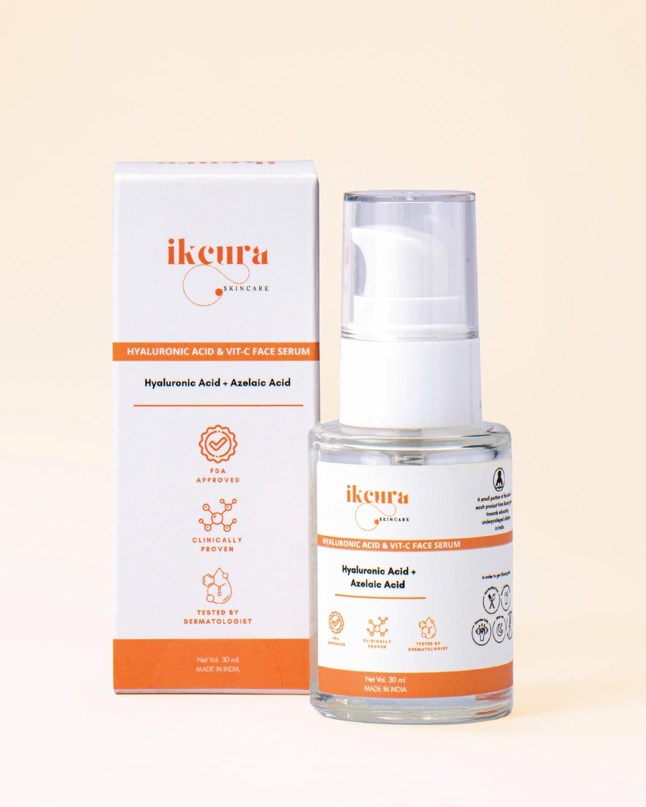 Ikcura Hyaluronic Acid & Vitamin C Face Serum with Hyaluronic Acid, Azelaic Acid | Boosts Collagen, Brightens Skin, Deeply Hydrates, Reduces Acne, Pigmentation & Dark Spots, 30ml