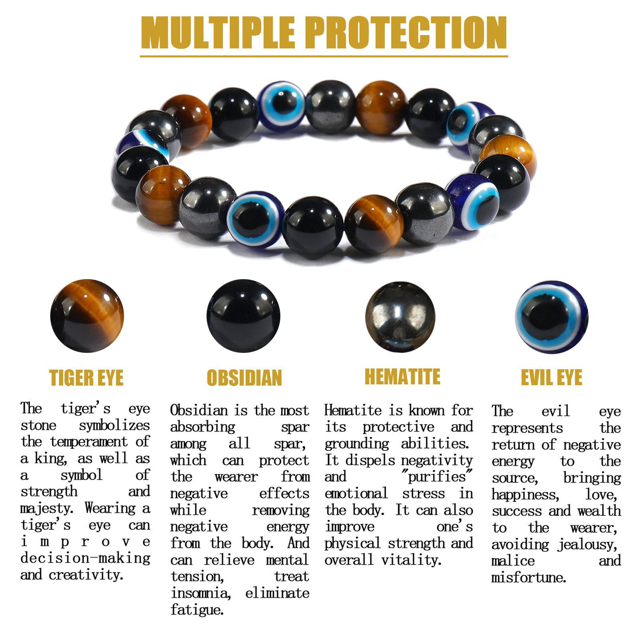 mens beaded bracelets（evil eye, tigers eye,hematite, obsidian）A handmade beaded crystal healing bracelet that can bring luck, happiness and protection(10mm elastic) 10mm elastic