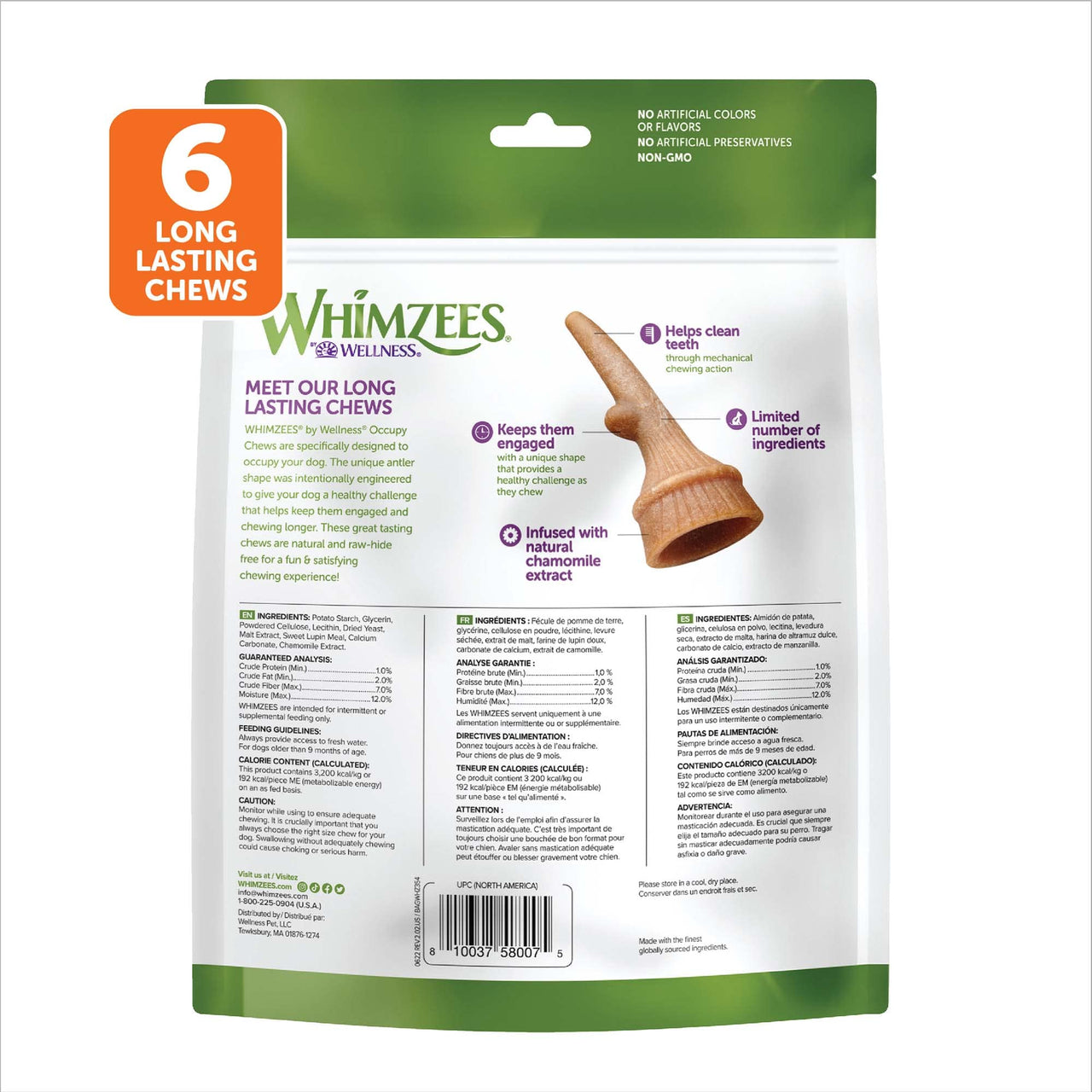 WHIMZEES by Wellness Occupy Antler Natural Dental Chews for Dogs, Long Lasting Treats, Grain-Free, Freshens Breath, Large Breed, 6 count