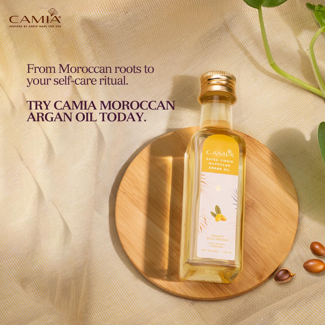 CAMIA - Organic Moroccan Argan Oil for Skin & Hair | Premium Extra Virgin Cold Pressed Oil, 100% Natural | Argan Oil Improves Skin & Hair Elasticity & Provides Intense Hydration | 100 ML Glass Bottle
