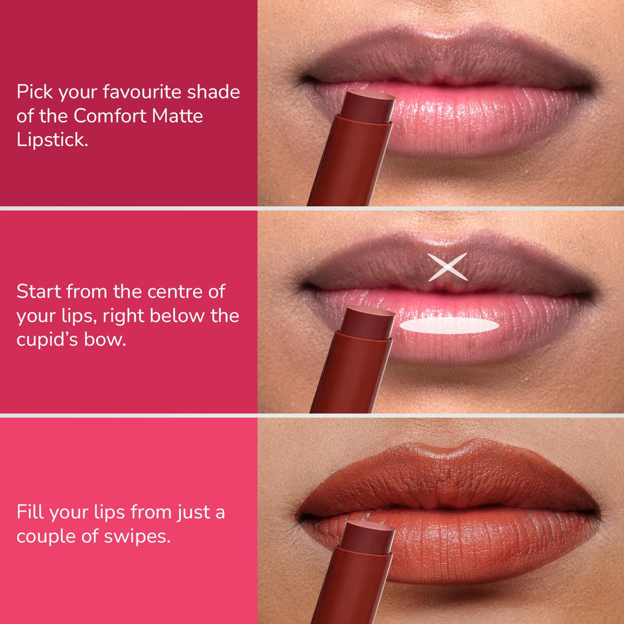Mila Beauté Creamy Comfort Matte Long-Lasting Lipstick for Women | Highly Pigmented & Hydrating Lipstick with Jojoba | Single Swipe Application | Suitable for Indian Skin Tones - RUSTY BROWN