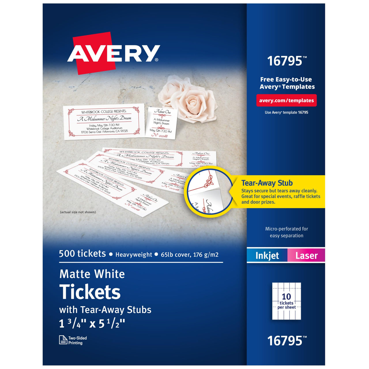 Avery Printable Tickets with Tear-Away Stubs, 1.75" x 5.5", Matte White, 500 Blank Tickets for Laser and Inkjet Printers (16795)
