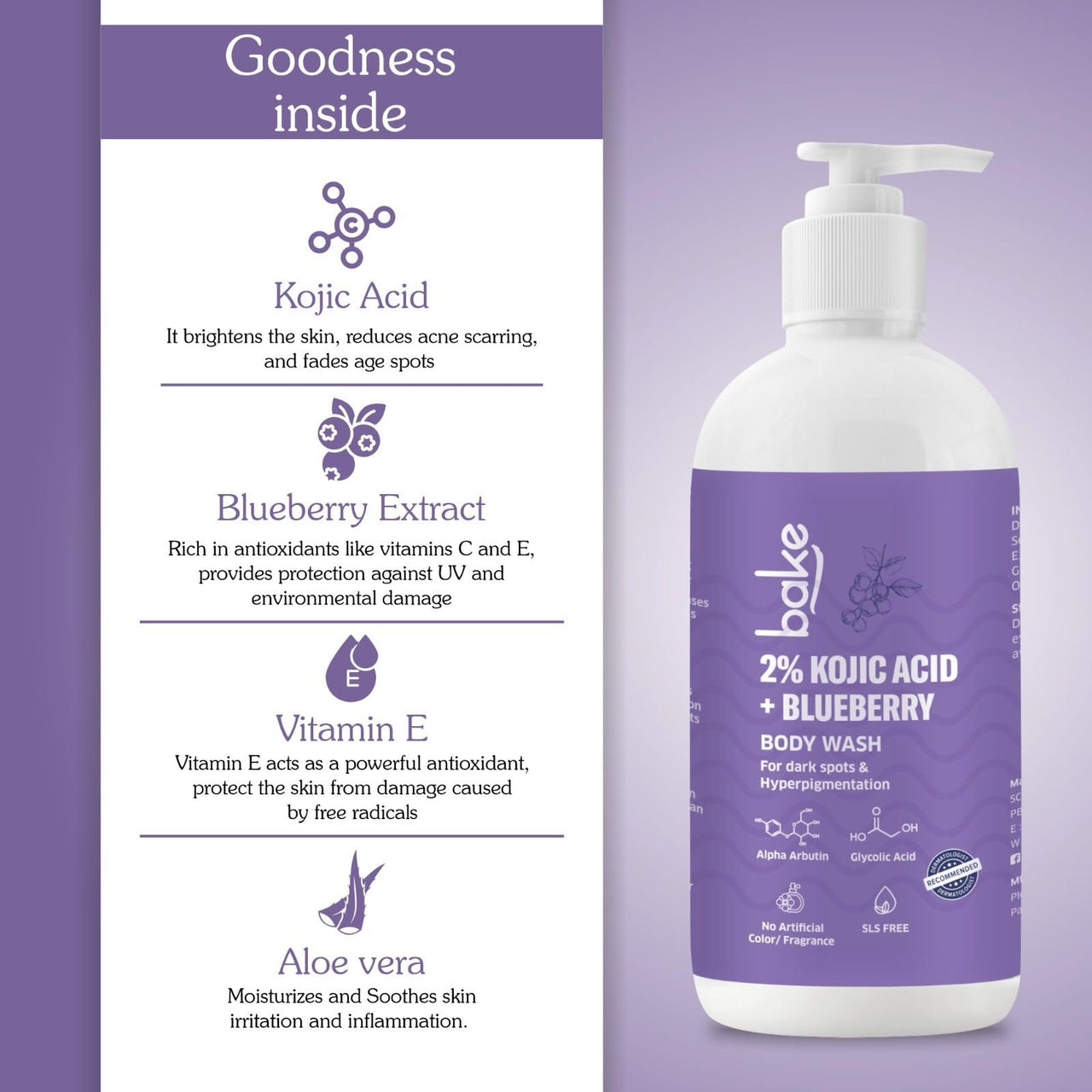 BAKE 2% Kojic Acid Brightening Body Wash with Glycolic Acid & Alpha Arbutin | De-Tan Body Wash | For Pigmentation & Tan Removal | For Dark Knees & Elbows | Dark Spots & Sun Damage | 250ml