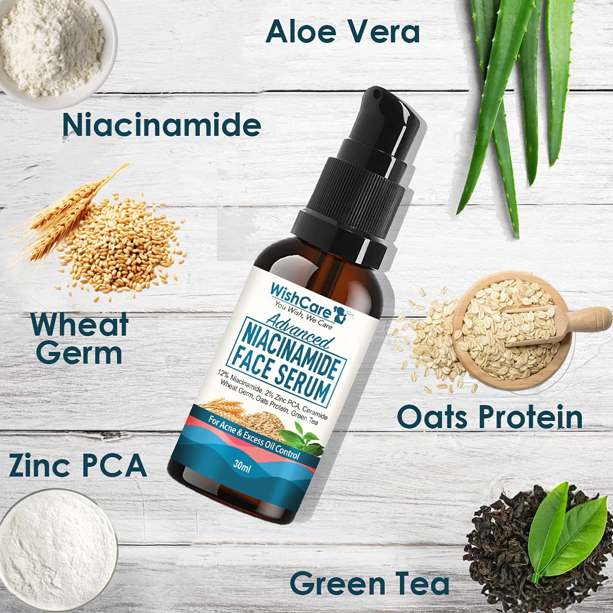 WishCare Advanced 12% Niacinamide Serum for Acne, Acne Marks, Blemishes & Oil Balancing with 2% Zinc, Ceramide Oats, Green Tea - 30ml, Natural (WCNS30)