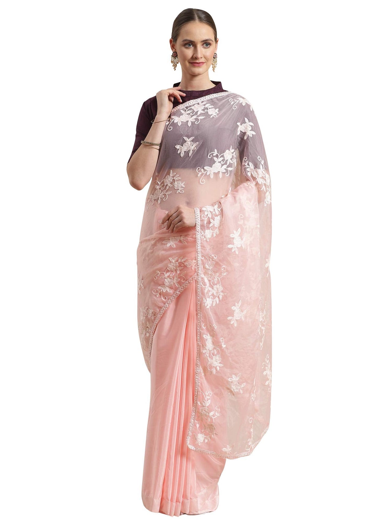 AKHILAM Women's  Organza Net Embroidered Saree With Blouse Piece