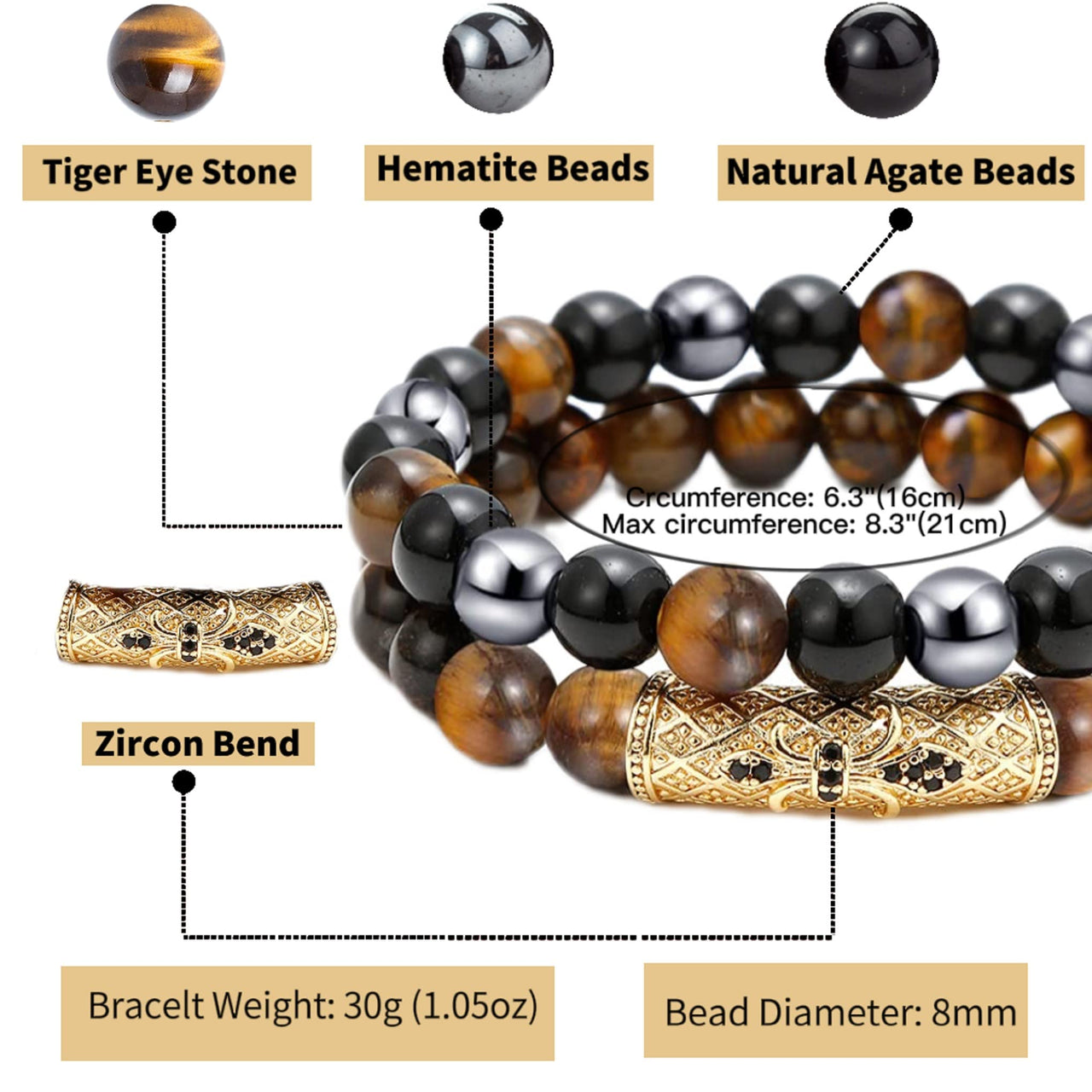 2Pcs Triple Protection Bracelet,Natural Tigers Eye Black Obsidian and Hematite 8 MM Beads Bracelet for Men Women Gift, Healing Crystal Bracelet Bring Luck and Prosperity and Happiness (Yellow) Yellow
