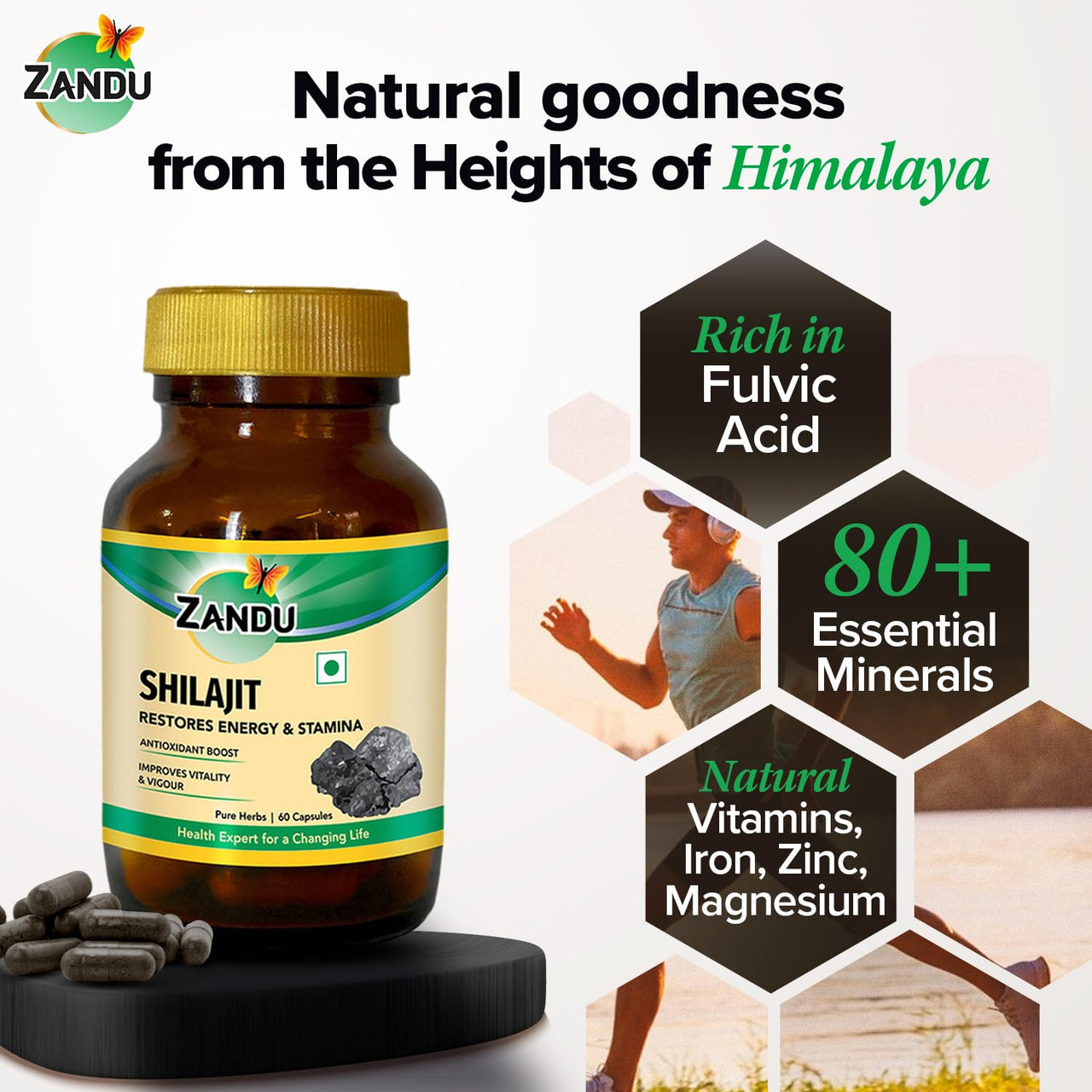 Zandu Shilajit Capsules (60 Caps) Infused with Goodness of Natural Shilajit Extracts for Enhanced Energy & Strength in Men, Manages Stress, Immunity Booster