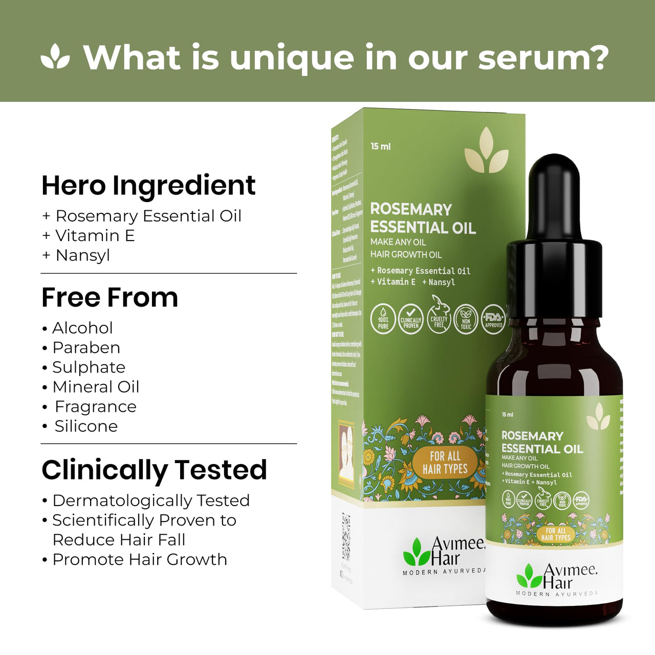 Avimee Herbal Rosemary Essential Hair Oil with Vit E & Nansyl | For Hair Growth & Hair Fall Control, Now Make Any Oil Hair Growth Oil | Clinically Approved Efficacy | 15ml