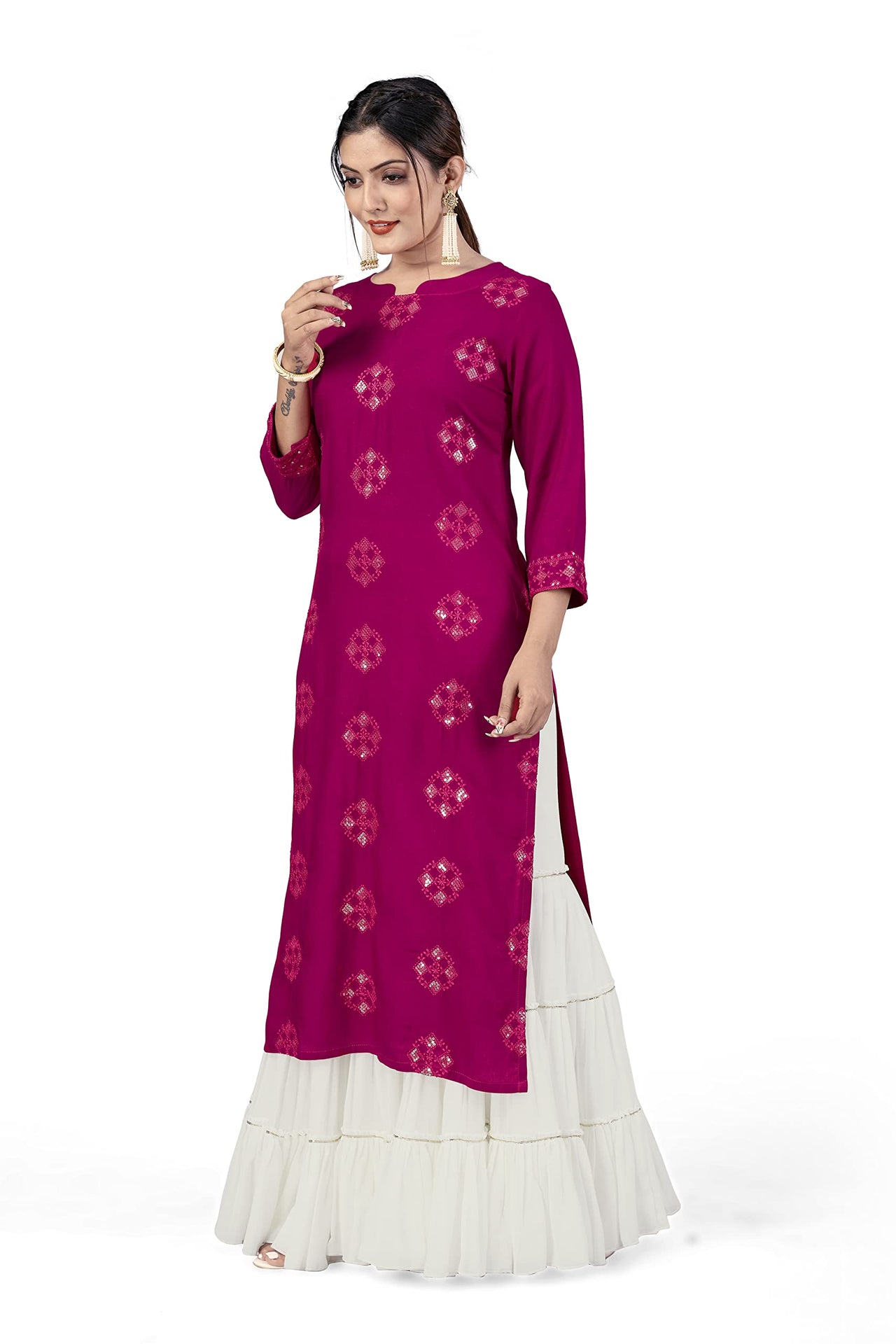 Fashion Dream Women Viscose Rayon Sequence Embroidered Straight Kurti