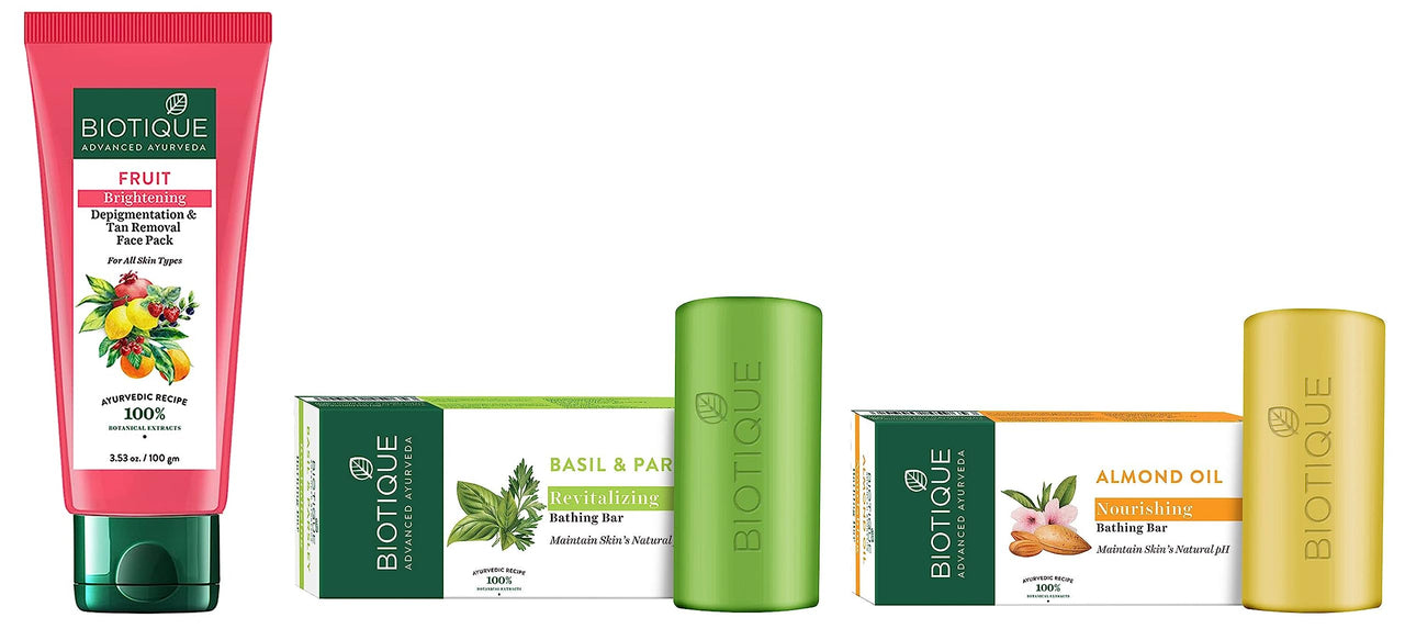 Biotique Fruit Brightening Depigmentation & Tan Removal Face Pack For All Skin, 100ml & Biotique Basil And Parsley Revitalizing Body Soap, 150g & Biotique Almond Oil Nourishing Body Soap, 150g