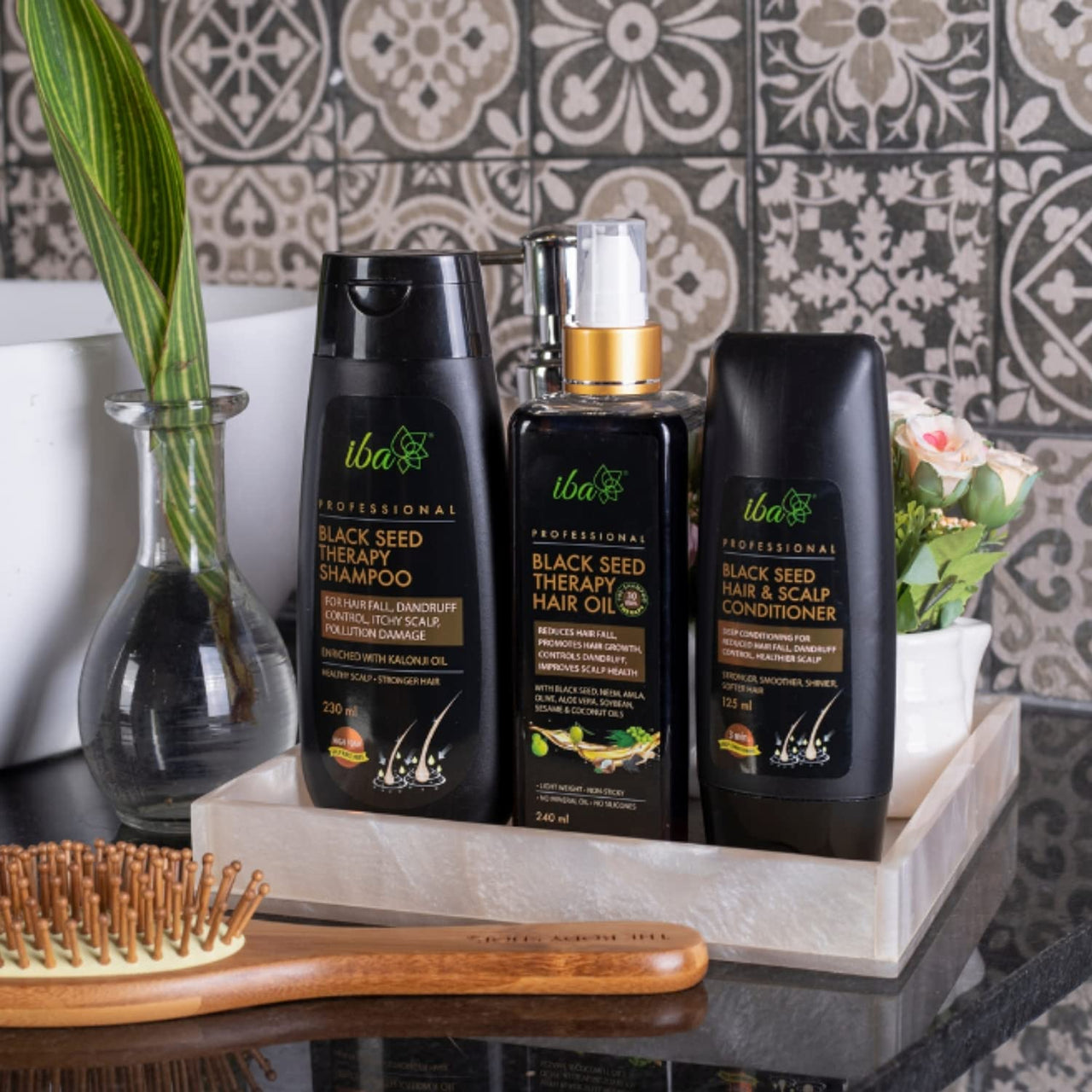 Iba Black Seed Therapy Shampoo, Conditioner, Hair Oil Combo (230 ml + 125 ml + 240 ml) | Kalonji For Hair Fall, Dandruff, Itchy Scalp | No Sulfate No Paraben | Halal Certified & Vegan