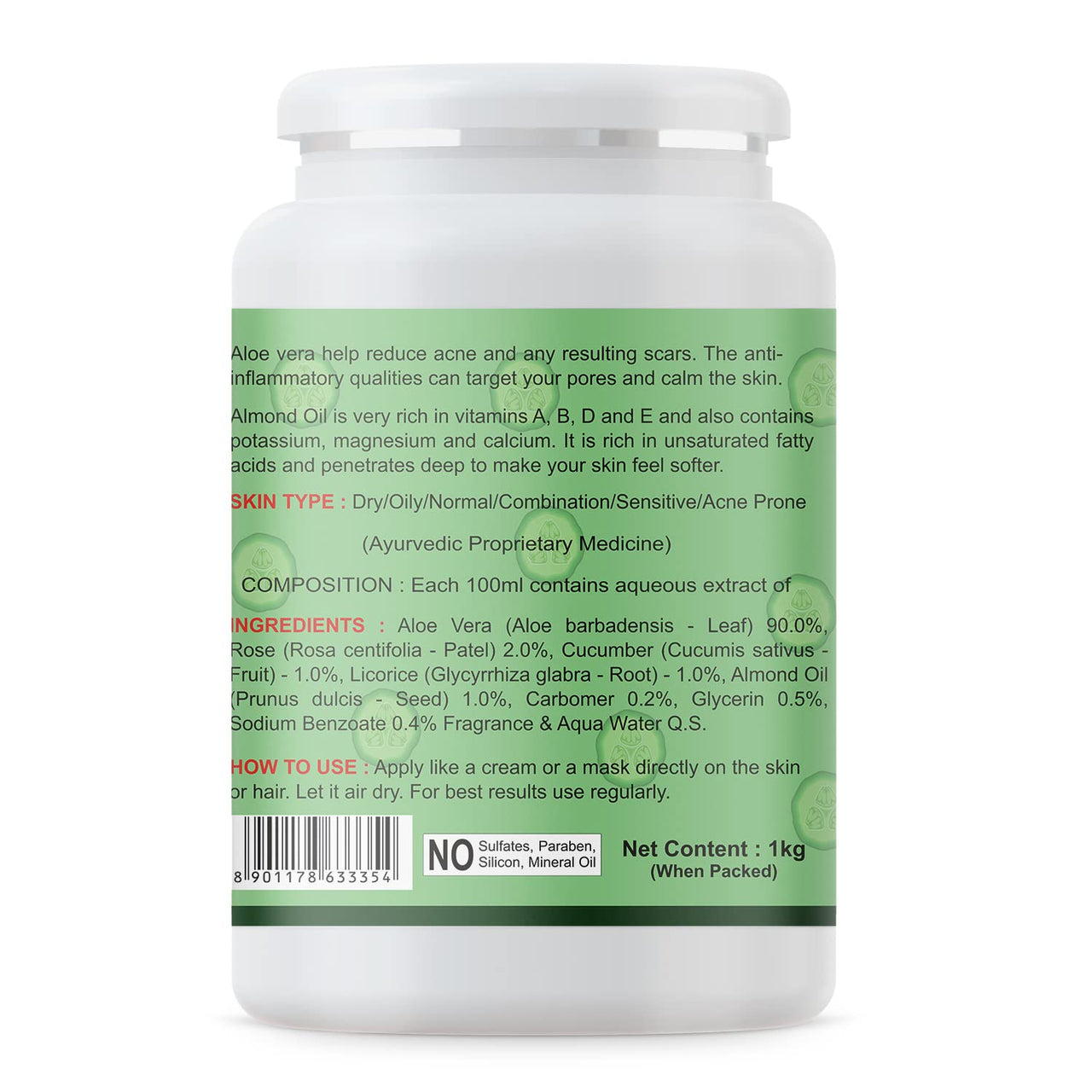 KAZIMA Aloe Cucumber Gel for Face and Body, 1kg | with Cucumber and Pure Aloe Vera for Soothing, Hydrating, and Moisturizing | Aloe Hydrating Gel for Oily and Sensitive Skin