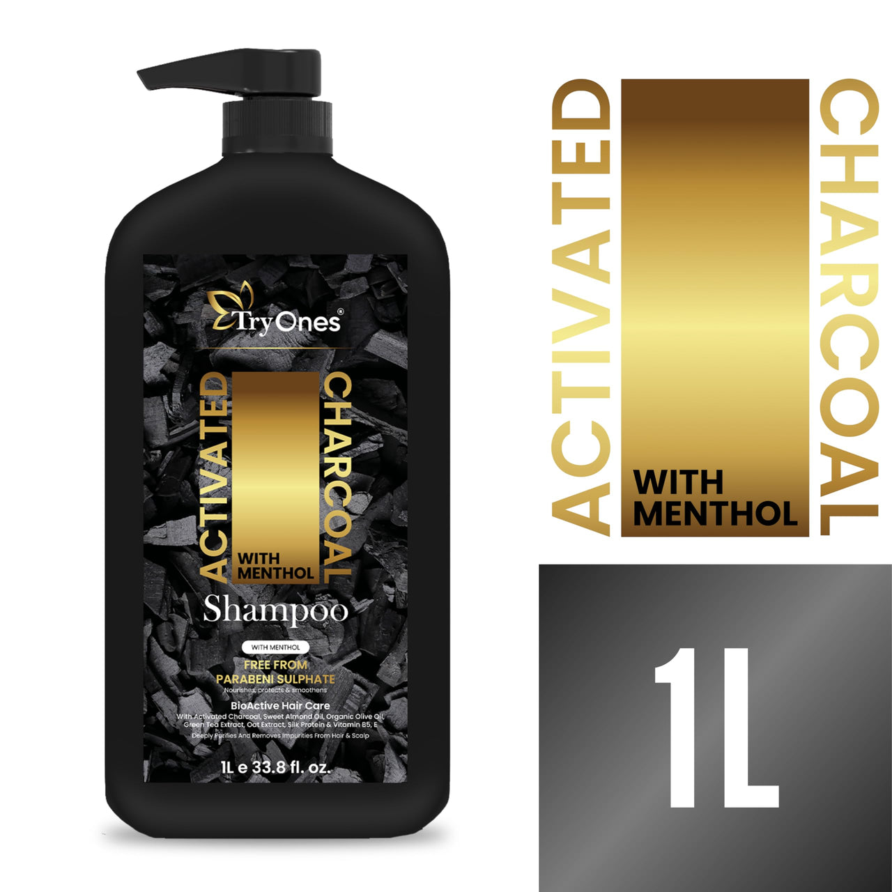 TryOnes Activated Charcoal Hair Shampoo for Men & Women with Keratin (No Sulphate, Parabens or Silicons), Eliminate Dandruff, Improve Hair Growth_1000 ml